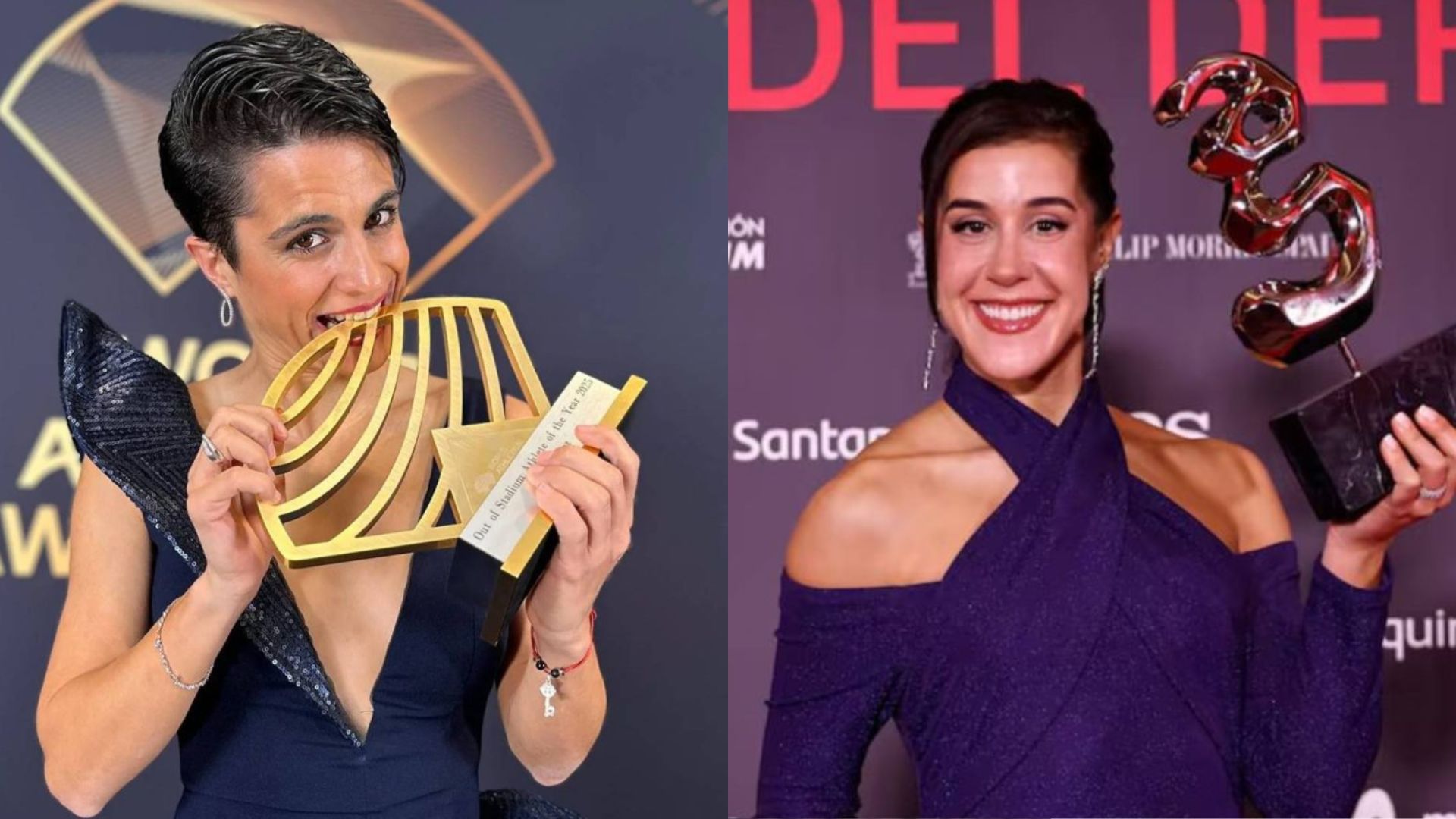 María Pérez y Carolina Marín, premiadas en la Gala del COE 2025, posan con los trofeos obtenidos en los WAW y los Premios AS respectivamente.