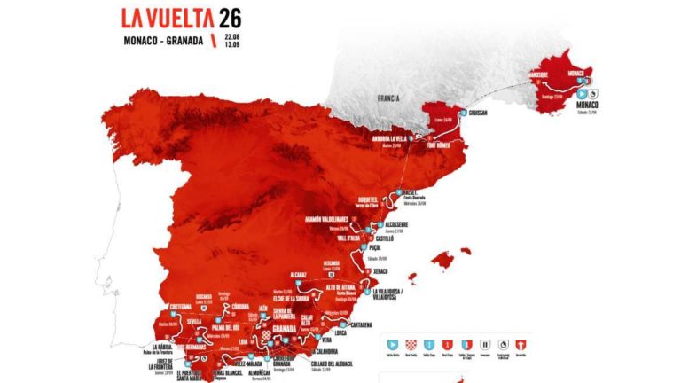 Mapa con el recorrido de la Vuelta a España 2026, marcado por la ausencia de etapas en el noroeste y la gran cantidad de carreras en Andalucía.