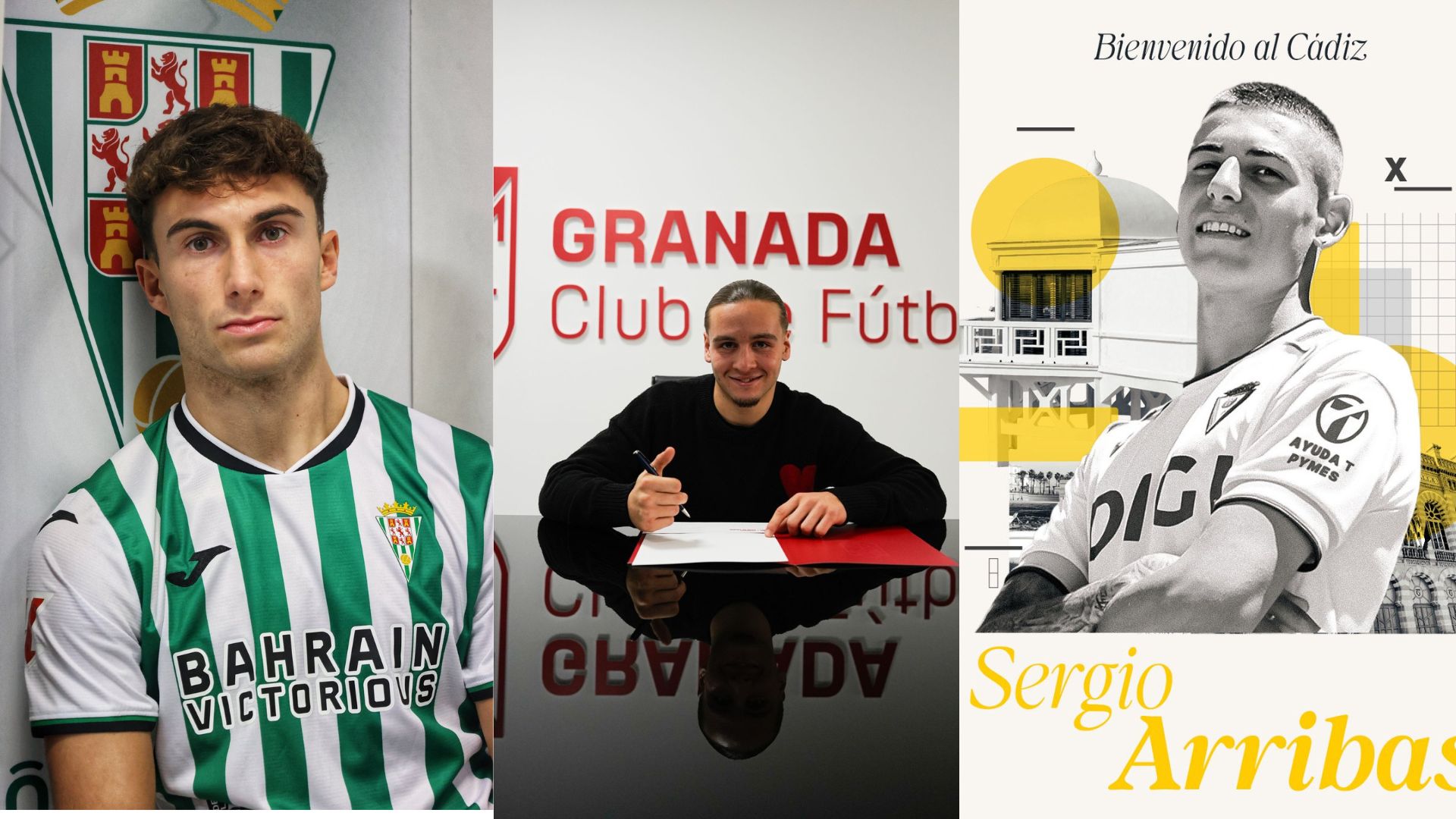 Goti, Izan y Arribas en sus presentaciones como últimos fichajes de los equipos andaluces de la Liga Hypermotion