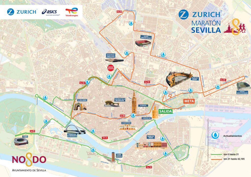 Plano de la ciudad de Sevilla con el recorrido de la maratón plasmado en él